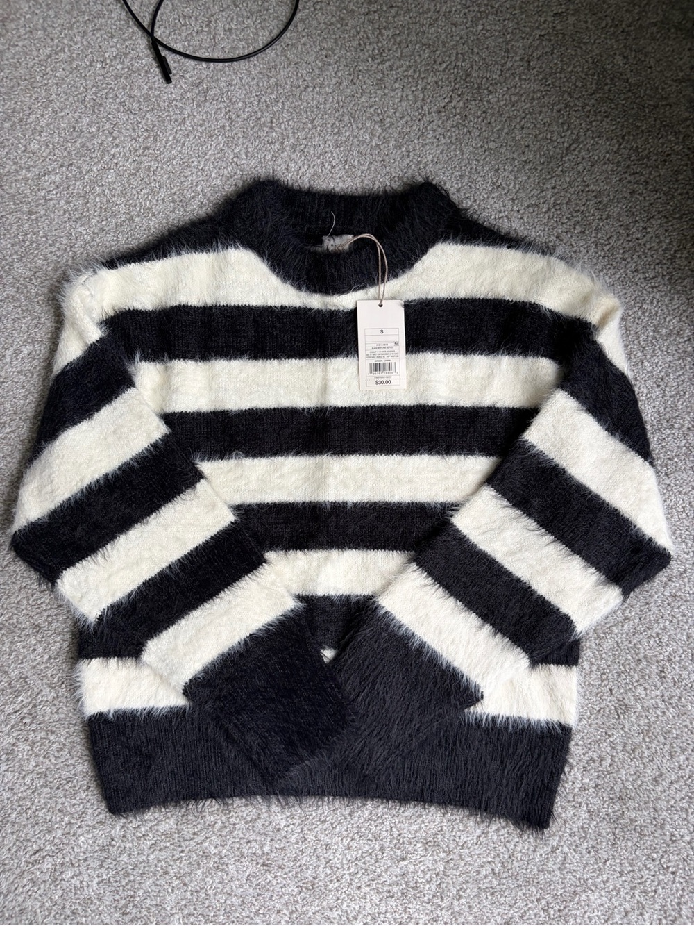 A New Day Black & White Striped Fuzzy Crewneck Sweater